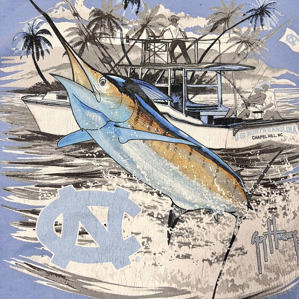 UNC Tar Heels T Shirt Mens Sz XL Blue Fishing Swordfish Guy Harvey THRASHED - Picture 9 of 10